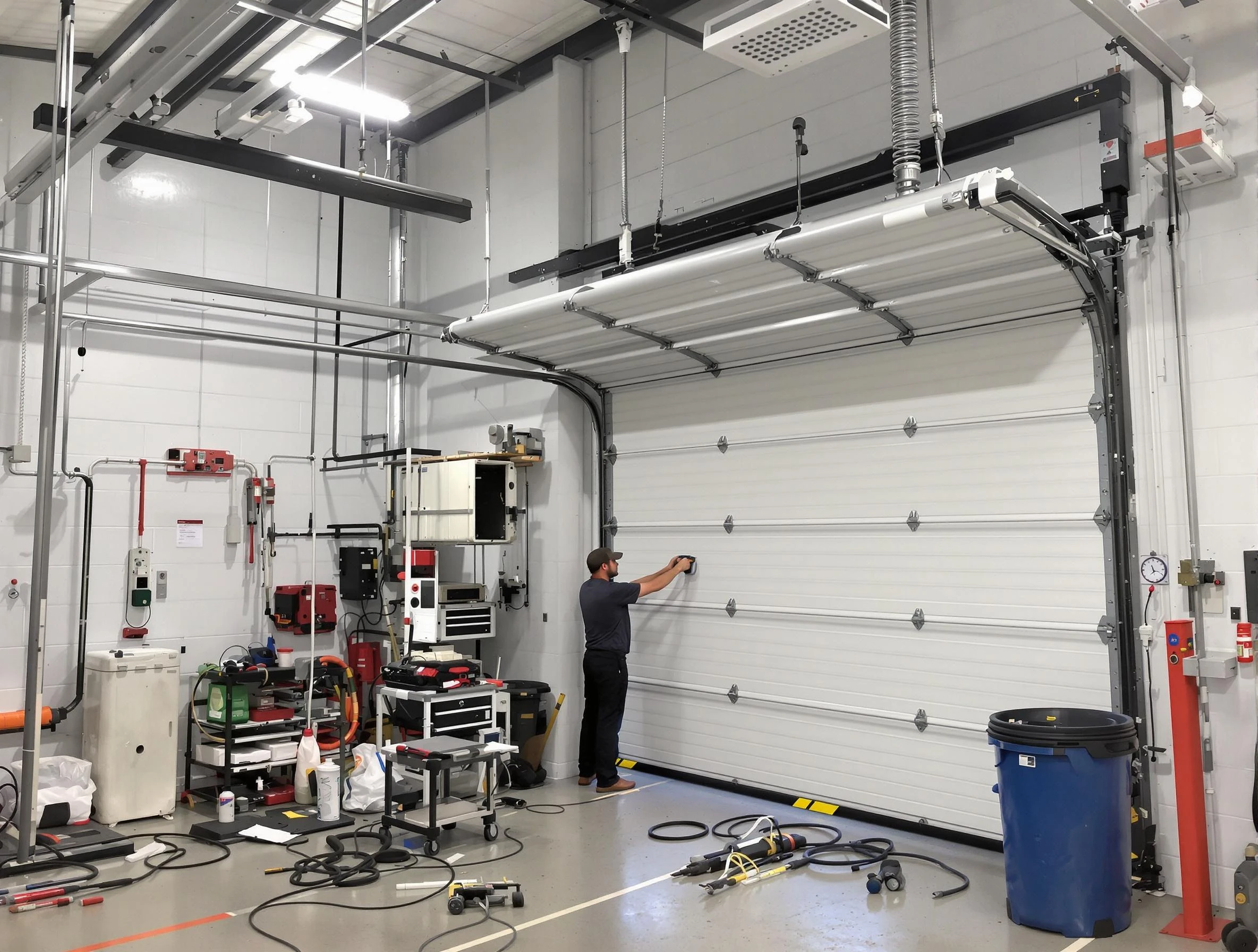 Stockbridge Garage Door Repair certified technician performing commercial door repair at a Stockbridge business facility