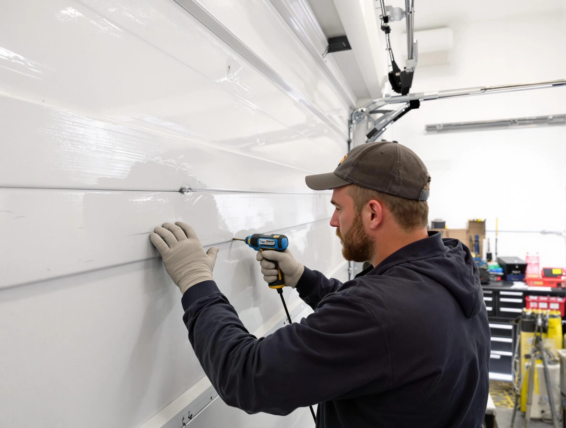 Stockbridge Garage Door Repair technician demonstrating precision dent removal techniques on a Stockbridge garage door