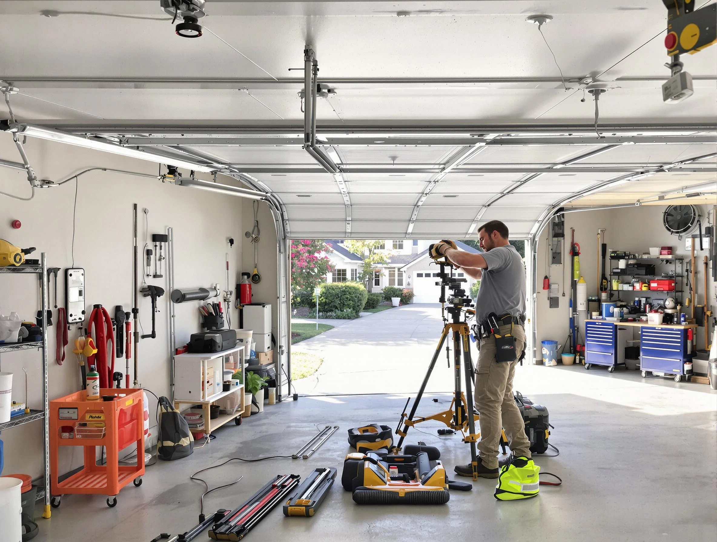 Stockbridge Garage Door Repair specialist performing laser-guided track alignment in Stockbridge